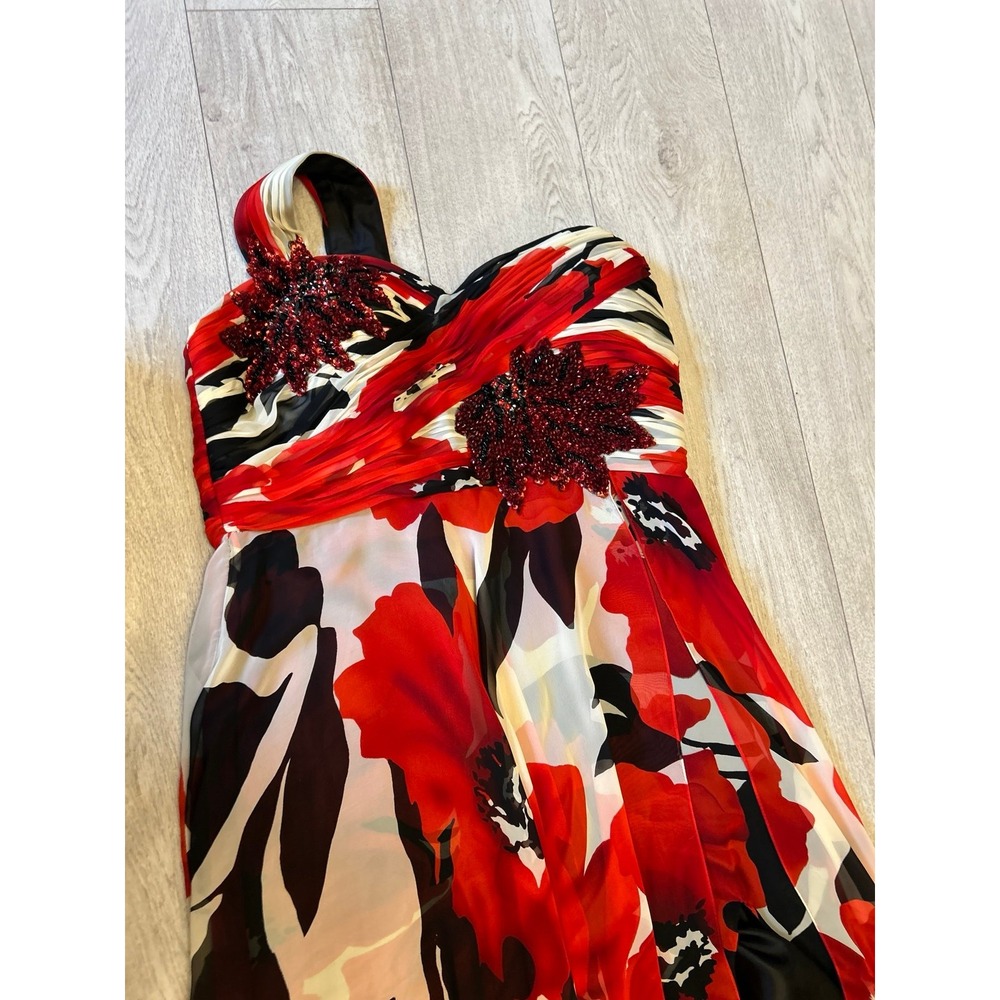 Ladies, red, black and white formal dress